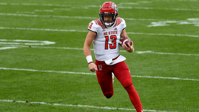 PITTSBURGH, PA - OCTOBER 03: Devin Leary #13 of the North Carolina State Wolfpack in action during the game against the Pittsburgh Panthers at Heinz Field on October 3, 2020 in Pittsburgh, Pennsylvania.