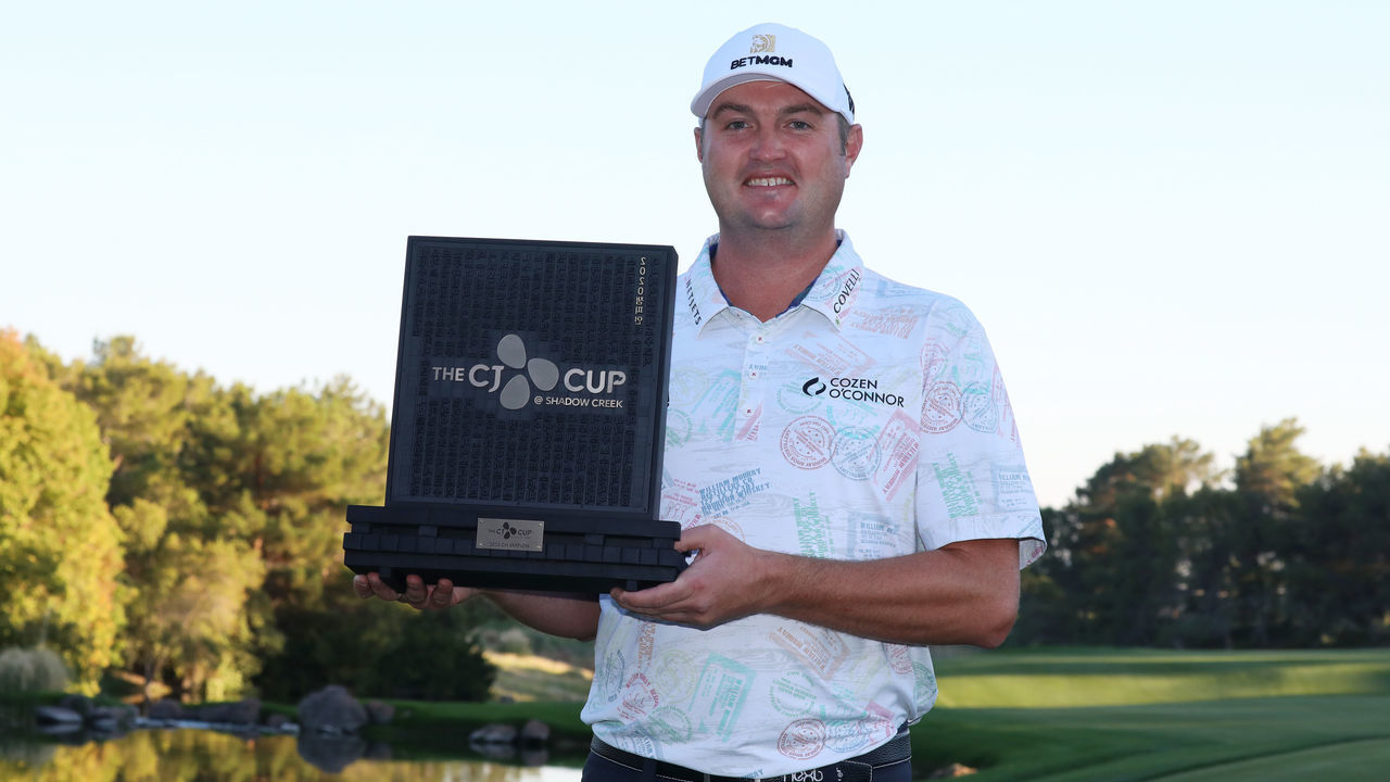 LAS VEGAS, NEVADA - OCTOBER 18: Jason Kokrak of the United States celebrates with the trophy after winning during the final round of The CJ Cup @ Shadow Creek on October 18, 2020 in Las Vegas, Nevada.