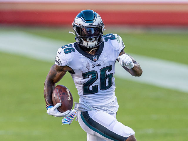 SANTA CLARA, CA - OCTOBER 04: Philadelphia Eagles Running Back Miles Sanders (26) runs downfield during the NFL football game between the Philadelphia Eagles and the San Francisco 49ers on October 4, 2020 at Levis Stadium in Santa Clara, CA.