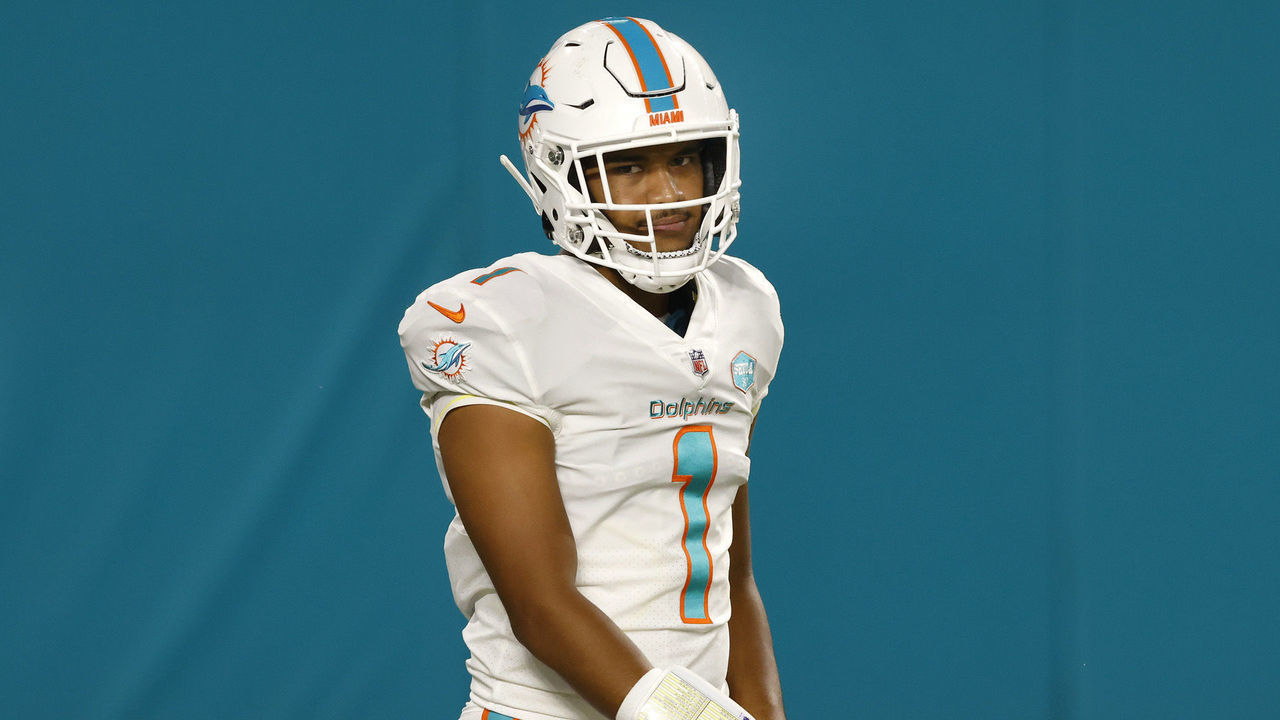 MIAMI GARDENS, FLORIDA - OCTOBER 18: Quarterback Tua Tagovailoa #1 of the Miami Dolphins looks on after making his first career complete pass during the second half of their game against the New York Jets at Hard Rock Stadium on October 18, 2020 in Miami Gardens, Florida. The Dolphins defeated the Jets 24-0.