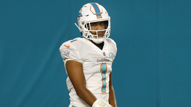 MIAMI GARDENS, FLORIDA - OCTOBER 18: Quarterback Tua Tagovailoa #1 of the Miami Dolphins looks on after making his first career complete pass during the second half of their game against the New York Jets at Hard Rock Stadium on October 18, 2020 in Miami Gardens, Florida. The Dolphins defeated the Jets 24-0.