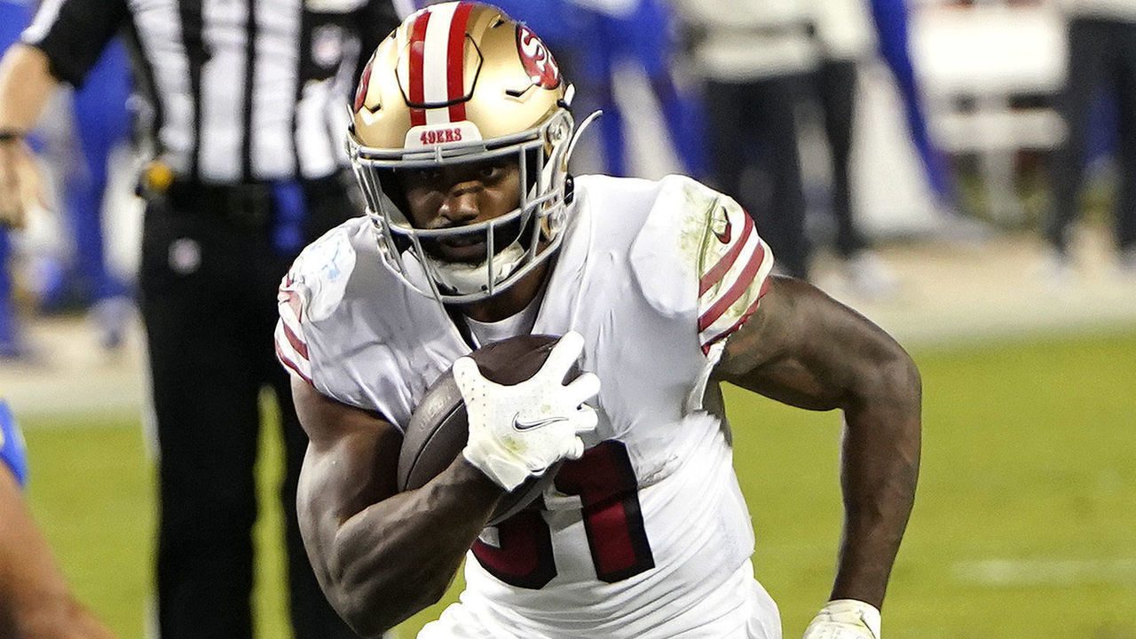 SANTA CLARA, CALIFORNIA - OCTOBER 18: Raheem Mostert #31 of the San Francisco 49ers carries the ball against the Los Angeles Rams during the second quarter at Levi's Stadium on October 18, 2020 in Santa Clara, California.