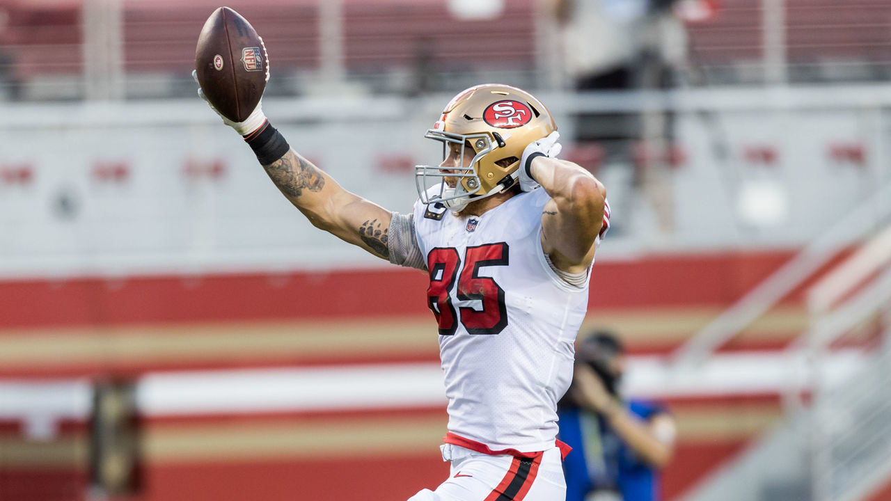 SANTA CLARA, CA - OCTOBER 18: San Francisco 49ers Tight End George Kittle (85) high steps in for the touchdown during the NFL football game between the Los Angeles Rams and San Francisco 49ers on October 18, 2020 in Santa Clara, CA.