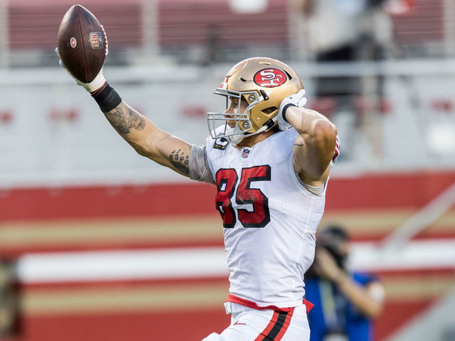 SANTA CLARA, CA - OCTOBER 18: San Francisco 49ers Tight End George Kittle (85) high steps in for the touchdown during the NFL football game between the Los Angeles Rams and San Francisco 49ers on October 18, 2020 in Santa Clara, CA.