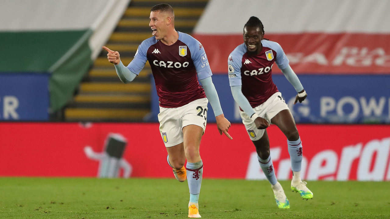 LEICESTER, ENGLAND - OCTOBER 18: Ross Barkley of Aston Villa celebrates after scoring a goal to make it 0-1 during the Premier League match between Leicester City and Aston Villa at The King Power Stadium on October 18, 2020 in Leicester, United Kingdom. Sporting stadiums around the UK remain under strict restrictions due to the Coronavirus Pandemic as Government social distancing laws prohibit fans inside venues resulting in games being played behind closed doors.