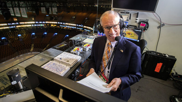 BOSTON - MAY 27: Hours before Game 1 of the Stanley Cup Finals between the Boston Bruins and the St. Louis Blues at TD Garden in Boston, NBC hockey play-by-play announcer Mike Emrick does voice overs in the empty arena on May 27, 2019.