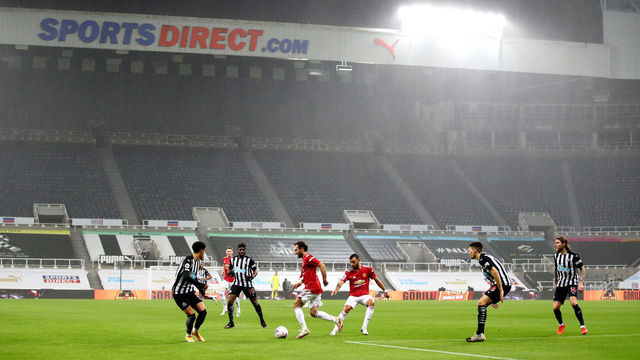 NEWCASTLE UPON TYNE, ENGLAND - OCTOBER 17: A general view as rain comes down during the Premier League match between Newcastle United and Manchester United at St. James Park on October 17, 2020 in Newcastle upon Tyne, England. Sporting stadiums around the UK remain under strict restrictions due to the Coronavirus Pandemic as Government social distancing laws prohibit fans inside venues resulting in games being played behind closed doors.