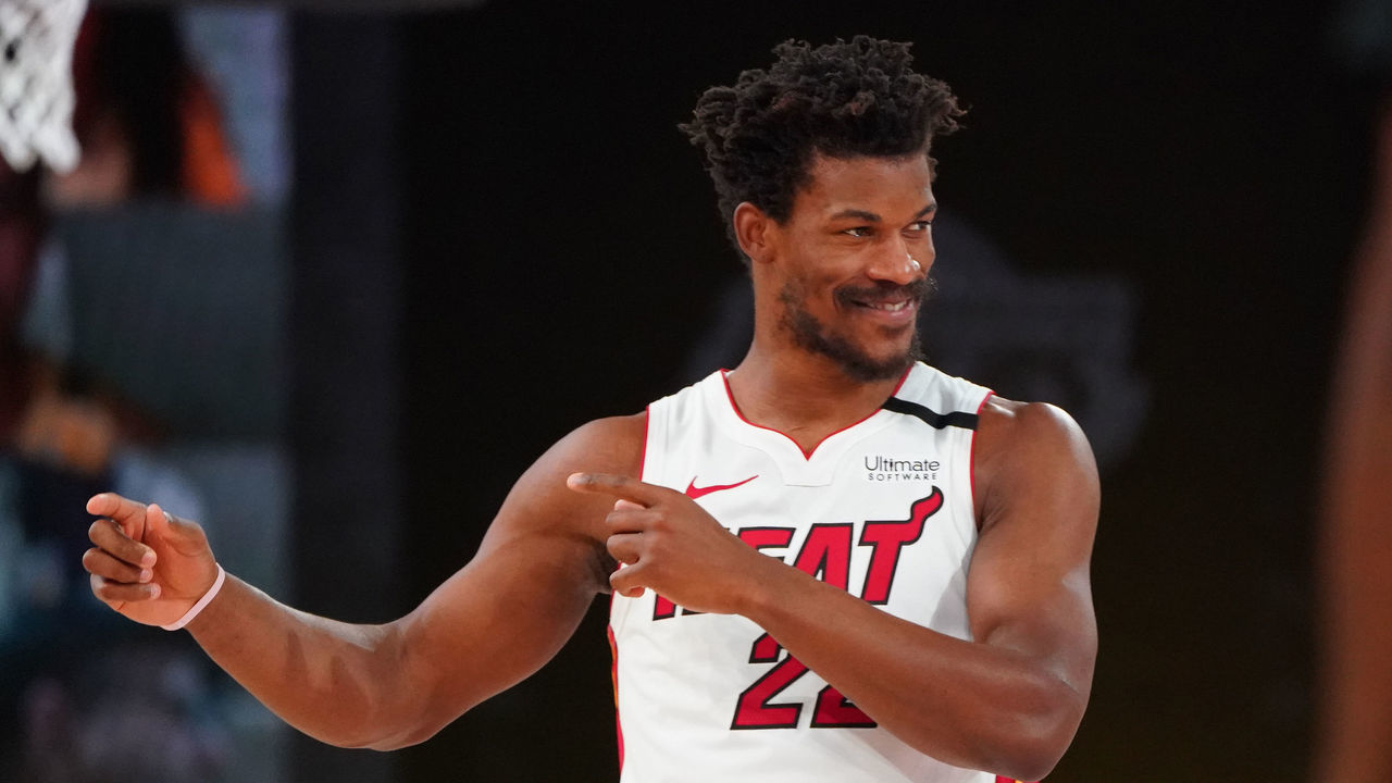 ORLANDO, FL - OCTOBER 09: Jimmy Butler #22 of the Miami Heat smiles and points to the crowd during Game Five of the NBA Finals against the Los Angeles Lakers on October 9, 2020 in Orlando, Florida at AdventHealth Arena. NOTE TO USER: User expressly acknowledges and agrees that, by downloading and/or using this Photograph, user is consenting to the terms and conditions of the Getty Images License Agreement. Mandatory Copyright Notice: Copyright 2020 NBAE