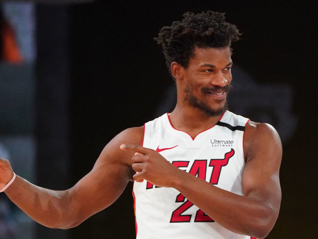 ORLANDO, FL - OCTOBER 09: Jimmy Butler #22 of the Miami Heat smiles and points to the crowd during Game Five of the NBA Finals against the Los Angeles Lakers on October 9, 2020 in Orlando, Florida at AdventHealth Arena. NOTE TO USER: User expressly acknowledges and agrees that, by downloading and/or using this Photograph, user is consenting to the terms and conditions of the Getty Images License Agreement. Mandatory Copyright Notice: Copyright 2020 NBAE