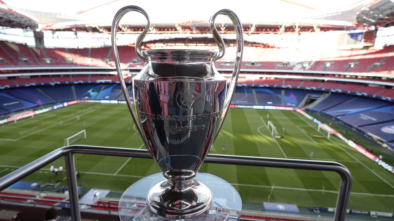 LISBON, PORTUGAL - AUGUST 22: A Detailed view of the Champions League Trophy during a training session ahead of their UEFA Champions League Final match against Bayern Munich at Estadio do Sport Lisboa e Benfica on August 22, 2020 in Lisbon, Portugal.