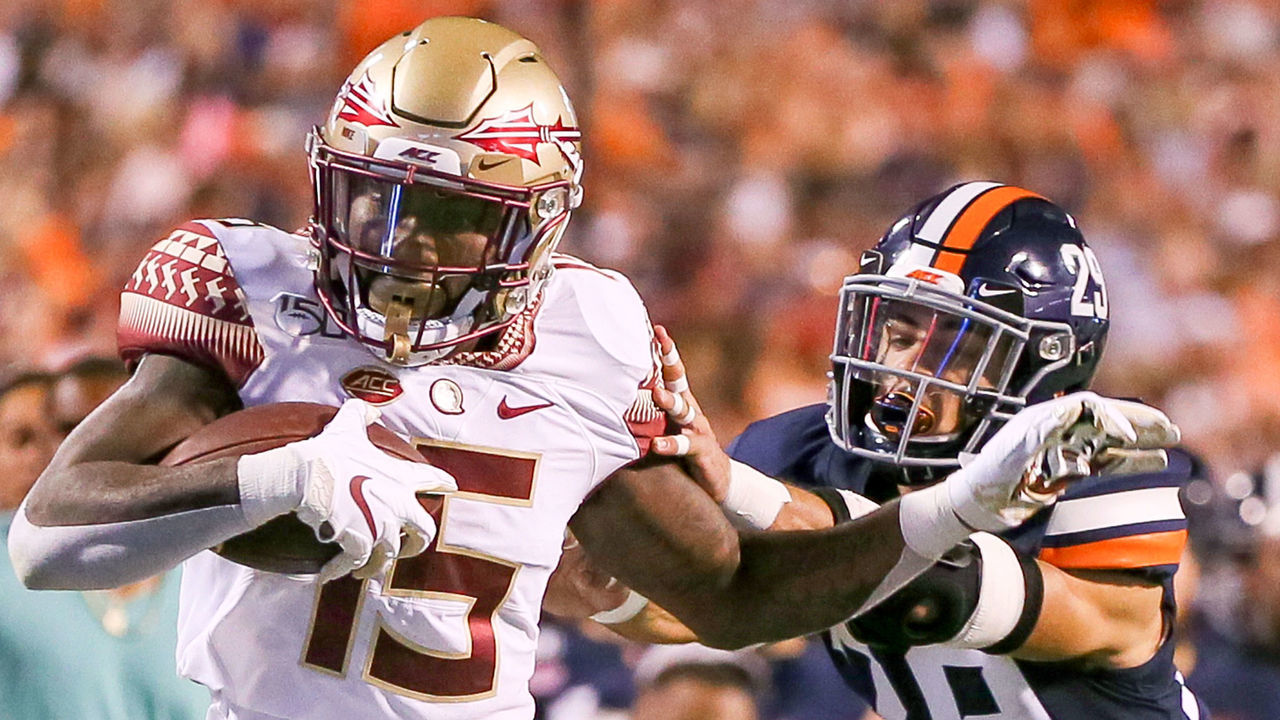CHARLOTTESVILLE, VA - SEPTEMBER 14: Florida State wide receiver Tamorrion Terry (15) is forced out of bounds by Virginia Cavaliers safety Joey Blount (29) during the game between the Florida State Seminoles and the Virginia Cavaliers on September 14, 2019, played at Scott Stadium in Charlottesville, VA.