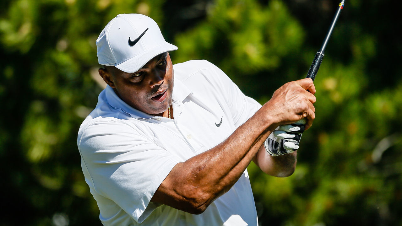 STATELINE, NEVADA - JULY 12: Charles Barkley watches the ball while driving to start the first round of of the 2019 American Century Championship at Edgewood Tahoe Golf Course on July 12, 2019 in Stateline, Nevada.