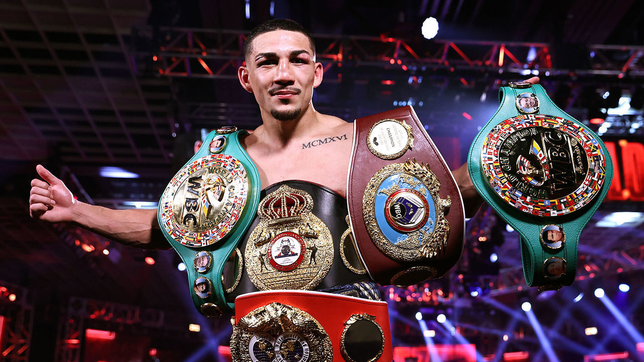 LAS VEGAS, NEVADA - OCTOBER 17: In this handout image provided by Top Rank, Teofimo Lopez Jr celebrates after defeating Vasiliy Lomachenko (not pictured) in their Lightweight World Title bout at MGM Grand Las Vegas Conference Center on October 17, 2020 in Las Vegas, Nevada.
