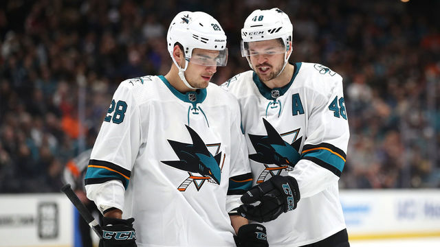 ANAHEIM, CALIFORNIA - NOVEMBER 14: Tomas Hertl #48 talks with Timo Meier #28 of the San Jose Sharks during the second period of a game against the Anaheim Ducks at Honda Center on November 14, 2019 in Anaheim, California.
