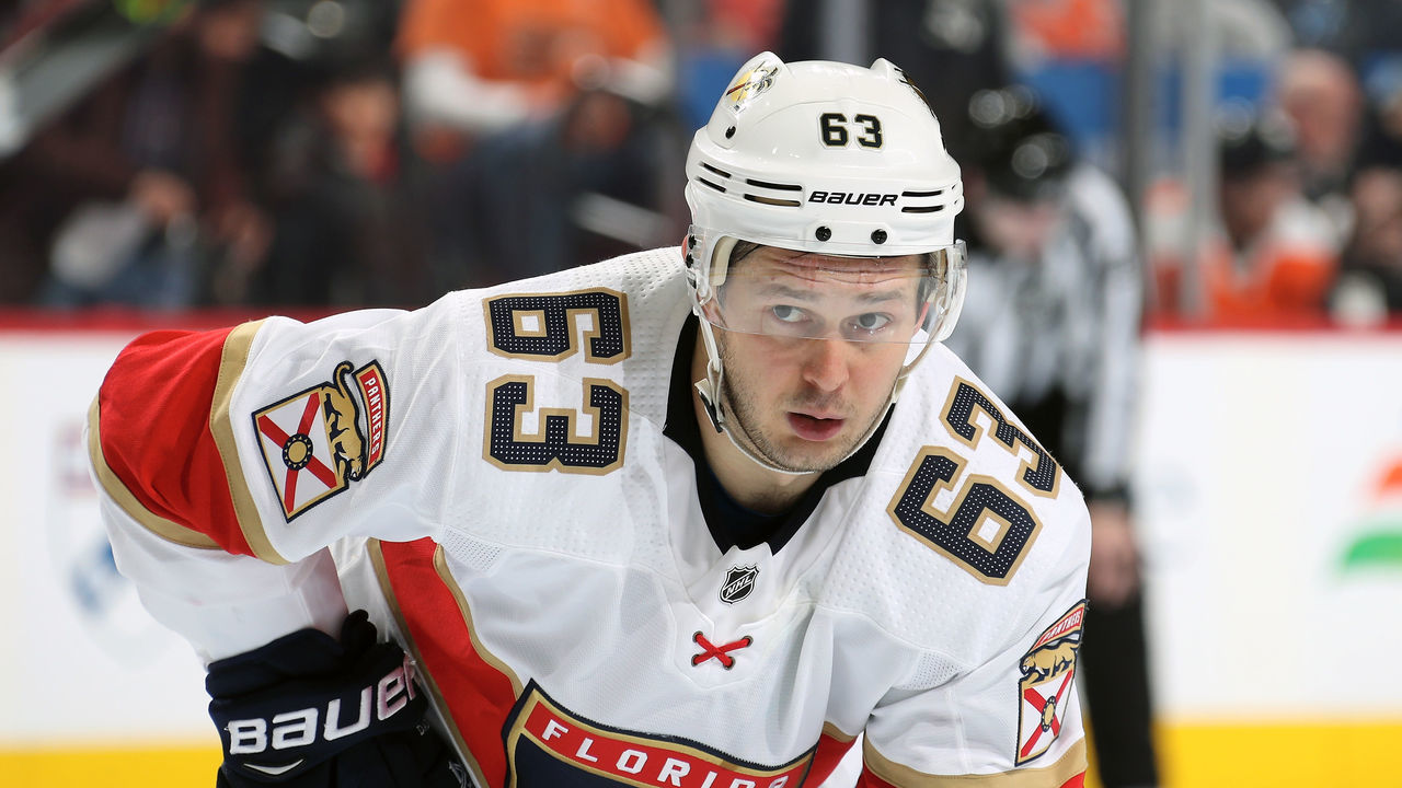 PHILADELPHIA, PA - FEBRUARY 10: Evgenii Dadonov #63 of the Florida Panthers looks on against the Philadelphia Flyers on February 10, 2020 at the Wells Fargo Center in Philadelphia, Pennsylvania.