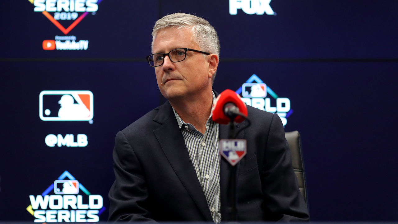WASHINGTON, DC - OCTOBER 24: President of Baseball Operations and General Manager Jeff Luhnow of the Houston Astros talks to the media during the press conference during the World Series Workout Day at Nationals Park on Thursday, October 24, 2019 in Washington, District of Columbia.