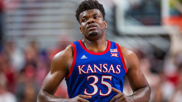 LUBBOCK, TEXAS - MARCH 07: Center Udoka Azubuike #35 of the Kansas Jayhawks runs down the court during the second half of the college basketball game against the Texas Tech Red Raiders on March 07, 2020 at United Supermarkets Arena in Lubbock, Texas.