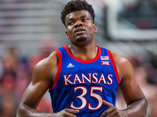 LUBBOCK, TEXAS - MARCH 07: Center Udoka Azubuike #35 of the Kansas Jayhawks runs down the court during the second half of the college basketball game against the Texas Tech Red Raiders on March 07, 2020 at United Supermarkets Arena in Lubbock, Texas.