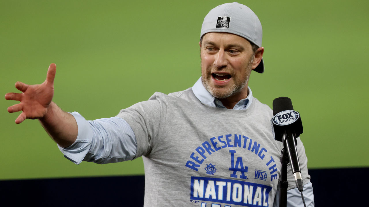 ARLINGTON, TEXAS - OCTOBER 18: President Andrew Friedman of the Los Angeles Dodgers speaks following the teams 4-3 victory against the Atlanta Braves in Game Seven of the National League Championship Series at Globe Life Field on October 18, 2020 in Arlington, Texas.