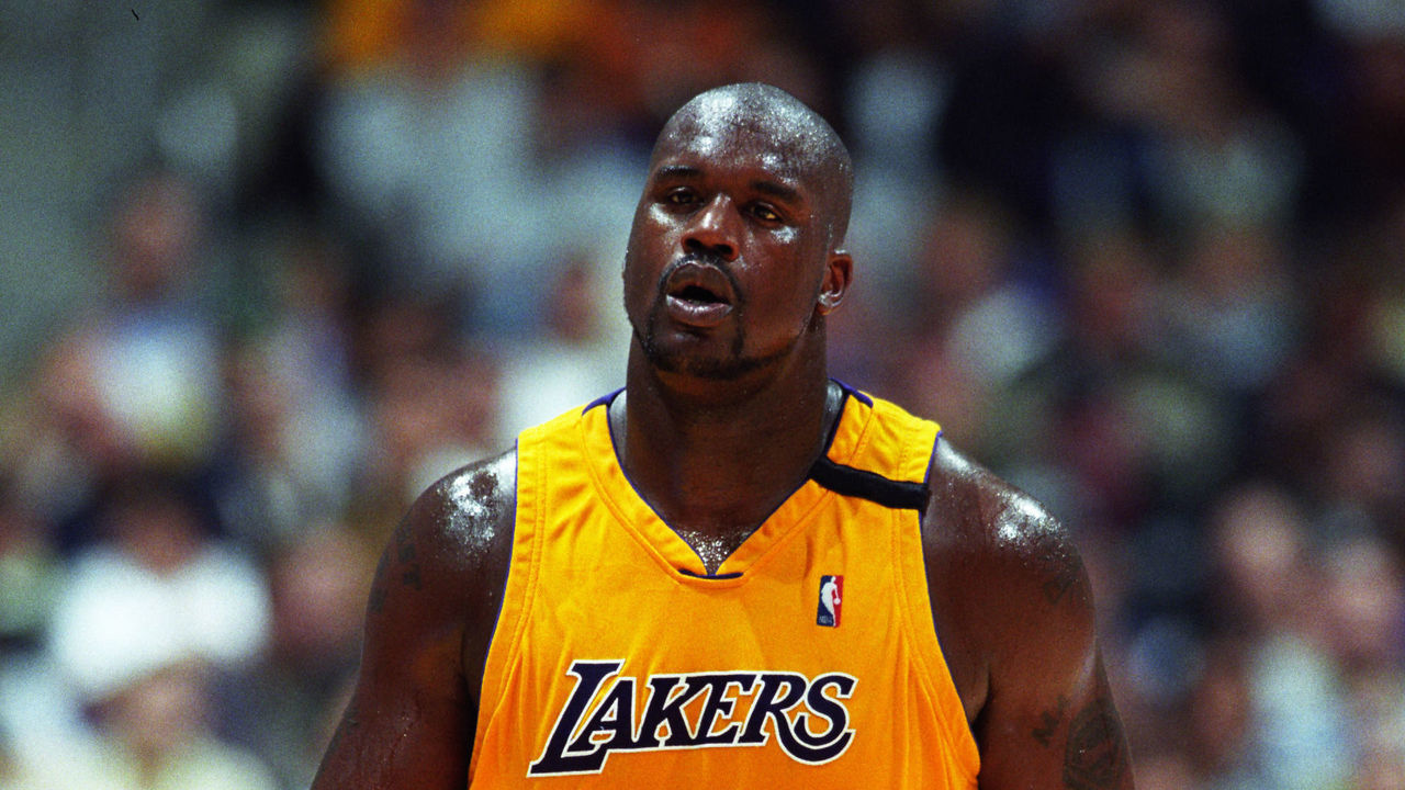 Shaquille O'Neal of the Los Angeles Lakers during a National Basketball Association game against the Atlanta Hawks at the Staples Center in Los Angeles, CA.