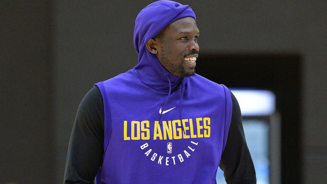 EL SEGUNDO, CA - FEBRUARY 12: Luol Deng #9 of the Los Angeles Lakers stretches during an all access practice on February 12, 2018 at UCLA Heath Training Center in El Segundo, California. Mandatory Copyright Notice: Copyright 2018 NBAE