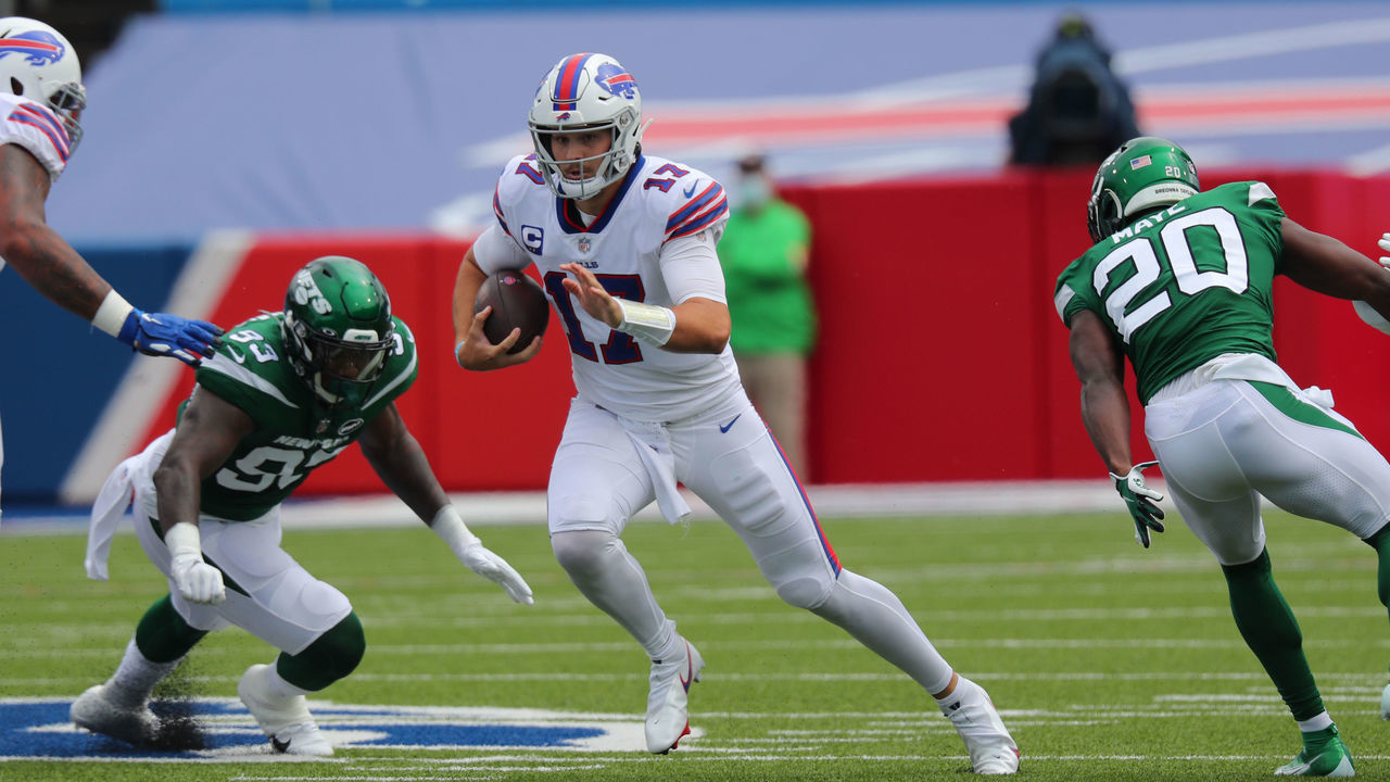 ORCHARD PARK, NY - SEPTEMBER 13: Josh Allen #17 of the Buffalo Bills runs the ball against the New York Jets at Bills Stadium on September 13, 2020 in Orchard Park, New York. Bills beat the Jets 27 to 17.