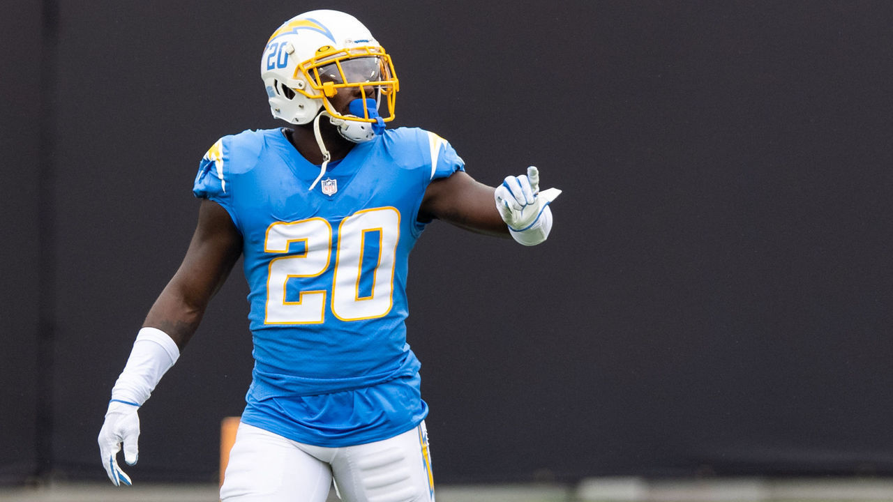 TAMPA, FLORIDA - OCTOBER 04: Desmond King #20 of the Los Angeles Chargers looks on during the first quarter of a game against the Tampa Bay Buccaneers at Raymond James Stadium on October 04, 2020 in Tampa, Florida.