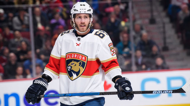 MONTREAL, QC - FEBRUARY 01: Mike Hoffman (68) of the Florida Panthers waits for play to begin during the second period of the NHL game between the Florida Panthers and the Montreal Canadiens on February 1, 2020, at the Bell Centre in Montreal, QC