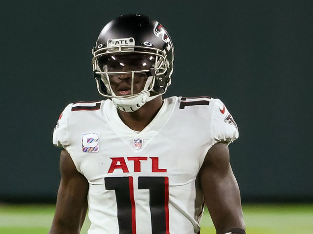 GREEN BAY, WISCONSIN - OCTOBER 05: Julio Jones #11 of the Atlanta Falcons walks across the field in the second quarter against the Green Bay Packers at Lambeau Field on October 05, 2020 in Green Bay, Wisconsin.