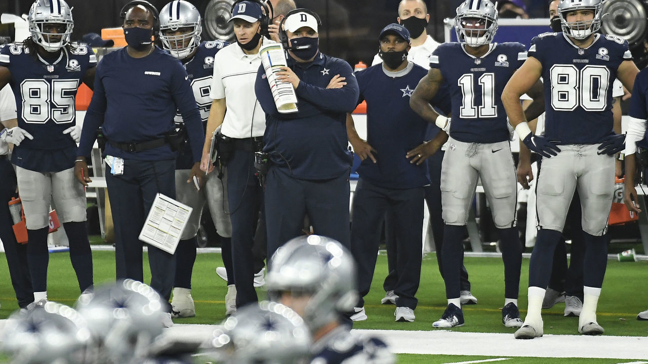 INGLEWOOD, CA - SEPTEMBER 13: Head coach Mike McCarthy of the Dallas Cowboys follows the game from the sideline during the second half against Los Angeles Rams at SoFi Stadium on September 13, 2020 in Inglewood, California.
