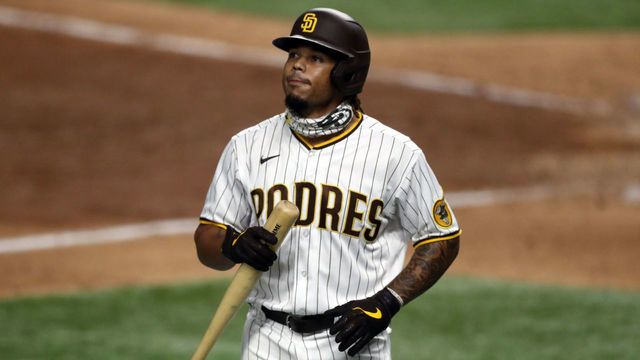 ARLINGTON, TEXAS - OCTOBER 08: Luis Campusano #21 of the San Diego Padres reacts after striking out during the eighth inning against the Los Angeles Dodgers in Game Three of the National League Division Series at Globe Life Field on October 08, 2020 in Arlington, Texas.