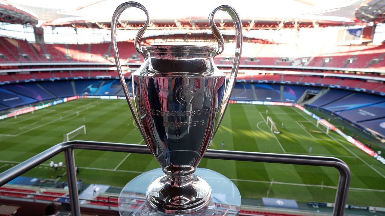 The Champions League trophy is displayed at the Luz stadium in Lisbon on August 22, 2020 on the eve of the UEFA Champions League final football match between Paris Saint-Germain and Bayern Munich.
