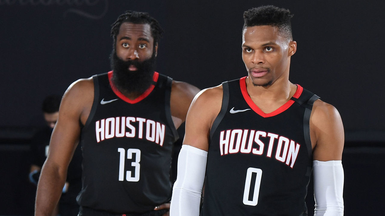 Orlando, FL - SEPTEMBER 12: James Harden #13 of the Houston Rockets and Russell Westbrook #0 of the Houston Rockets look on during the game against the Los Angeles Lakers during Game Five of the Western Conference Semifinals on September 12, 2020 in Orlando, Florida at AdventHealth Arena. NOTE TO USER: User expressly acknowledges and agrees that, by downloading and/or using this Photograph, user is consenting to the terms and conditions of the Getty Images License Agreement. Mandatory Copyright Notice: Copyright 2020 NBAE