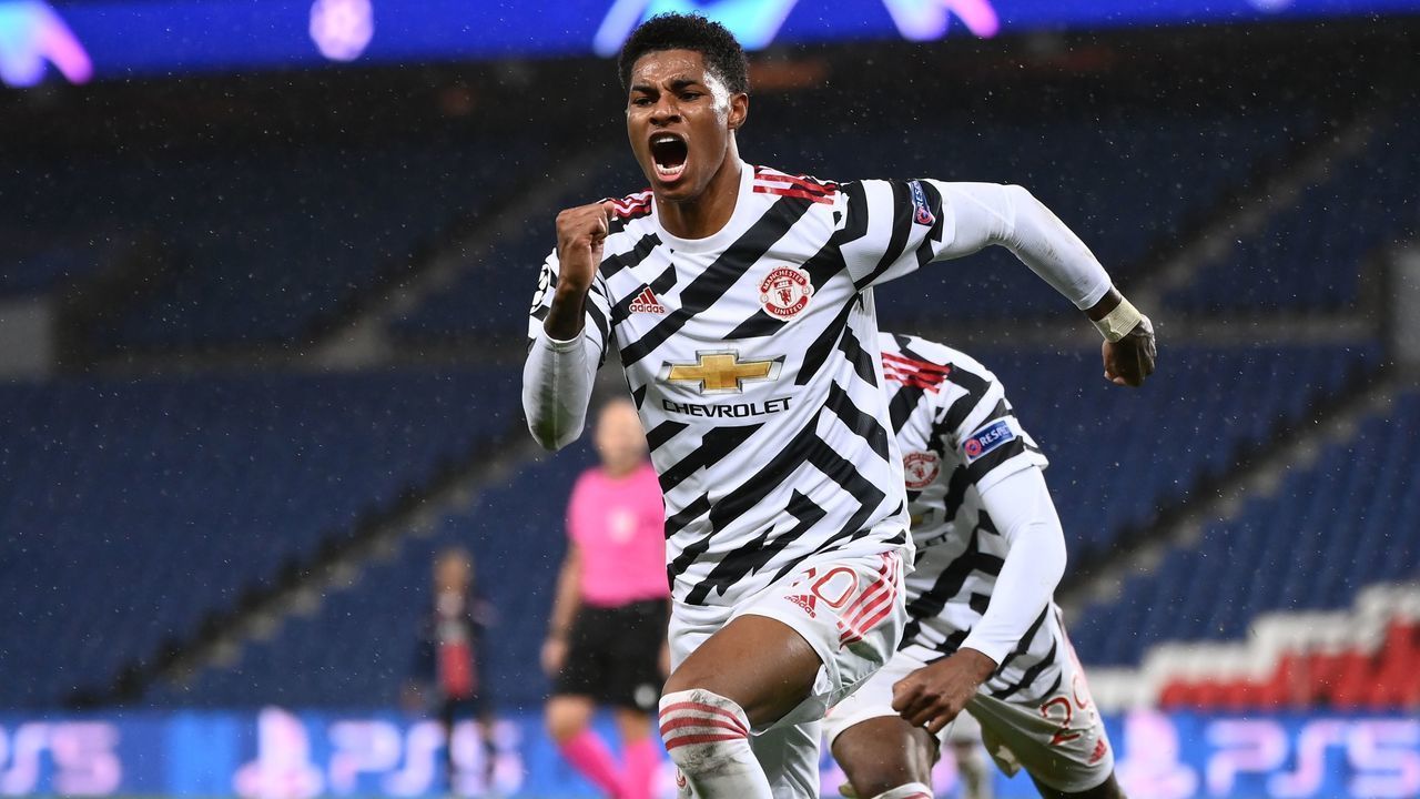 Manchester United's English Forward Marcus Rashford celebrates after scoring a goal during the UEFA Europa League Group H first-leg football match between Paris Saint-Germain (PSG) and Manchester United at the Parc des Princes stadium in Paris on October 20, 2020.