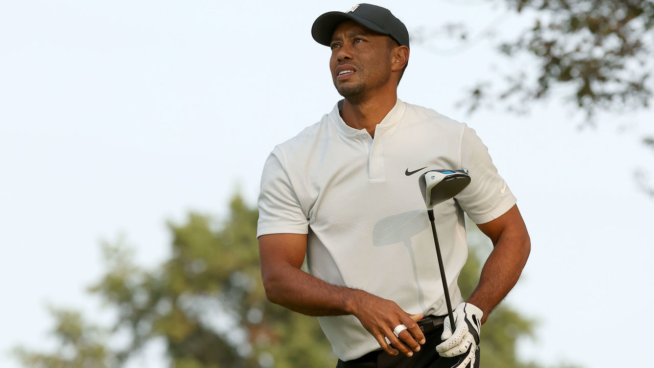 MAMARONECK, NEW YORK - SEPTEMBER 16: Tiger Woods of the United States watches his tee shot during a practice round prior to the 120th U.S. Open Championship on September 16, 2020 at Winged Foot Golf Club in Mamaroneck, New York.