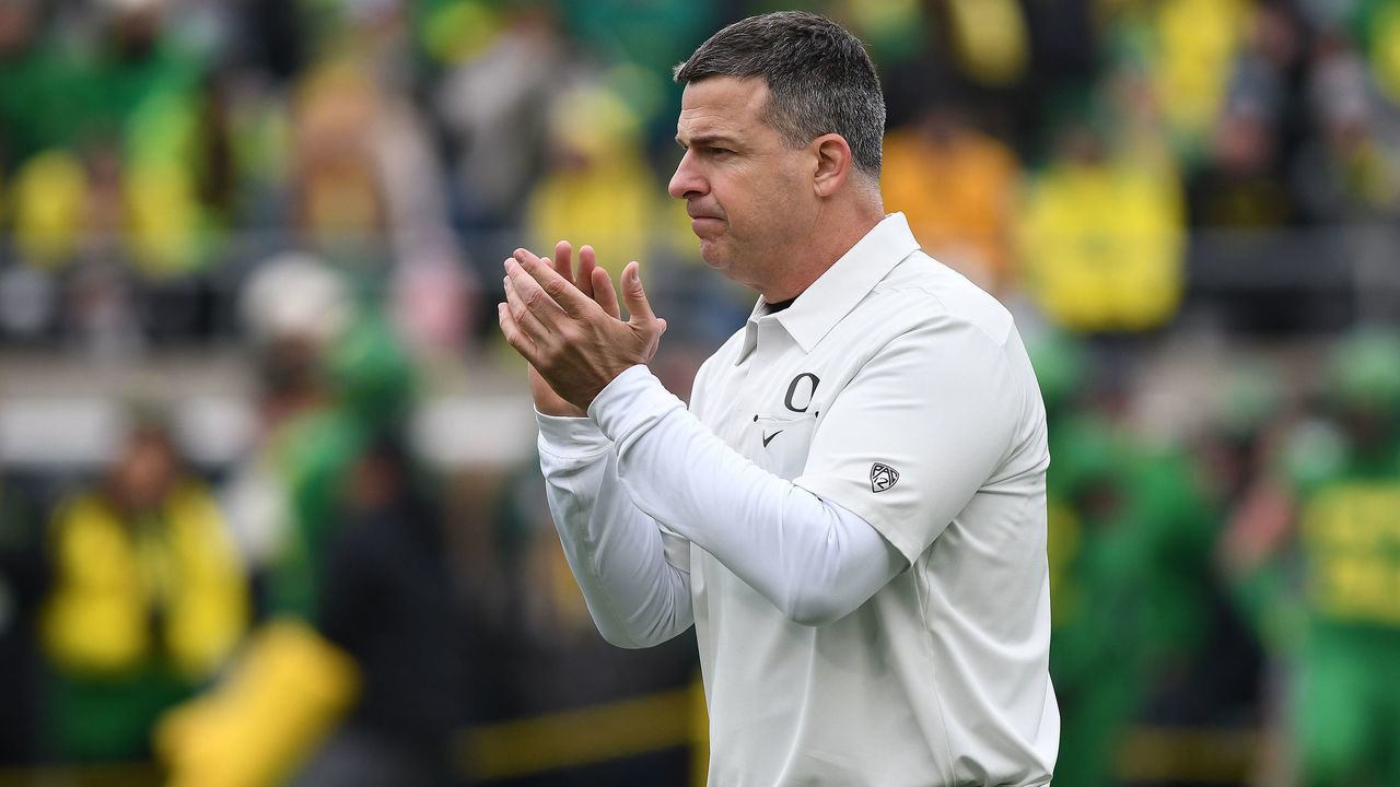 EUGENE, OR - NOVEMBER 30: Oregon Ducks head coach Mario Cristobal watches pregame drills during 123rd Civil War between the Oregon Ducks and Oregon State Beavers on November 30, 2019 at Autzen Stadium in Eugene, Oregon.