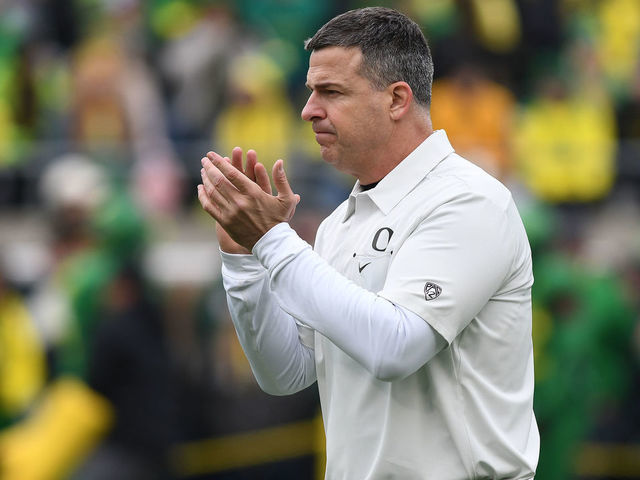 EUGENE, OR - NOVEMBER 30: Oregon Ducks head coach Mario Cristobal watches pregame drills during 123rd Civil War between the Oregon Ducks and Oregon State Beavers on November 30, 2019 at Autzen Stadium in Eugene, Oregon.