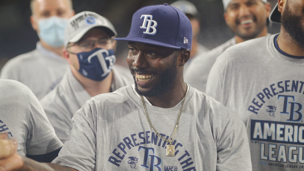 SAN DIEGO, CA - OCTOBER 17: Randy Arozarena #56 of the Tampa Bay Rays reacts during the trophy presentation after the Tampa Bay Rays win Game 7 of the ALCS 4-2 against the Houston Astros at Petco Park on Saturday, October 17, 2020 in San Diego, California.