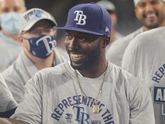 SAN DIEGO, CA - OCTOBER 17: Randy Arozarena #56 of the Tampa Bay Rays reacts during the trophy presentation after the Tampa Bay Rays win Game 7 of the ALCS 4-2 against the Houston Astros at Petco Park on Saturday, October 17, 2020 in San Diego, California.