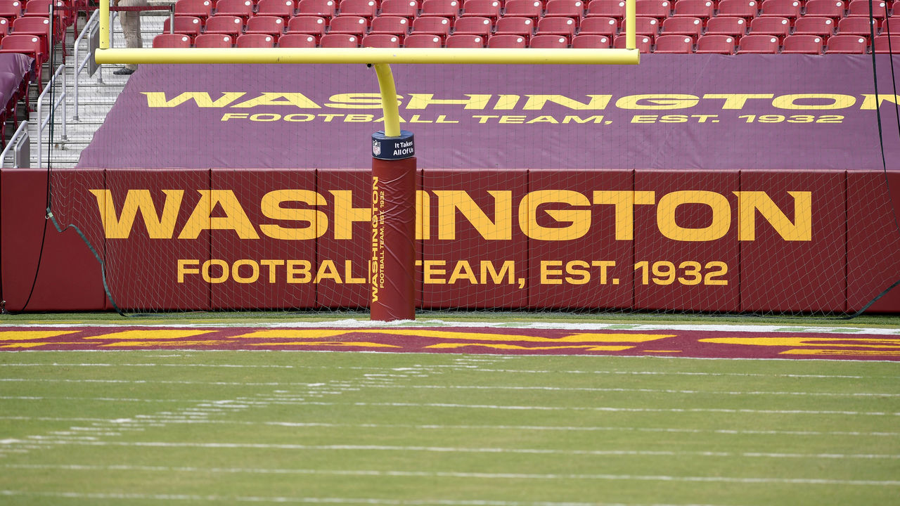 LANDOVER, MD - SEPTEMBER 13: New Washington Football Team logos were all around the stadium during the Philadelphia Eagles vs. Washington Football Team NFL game at FedEx Field on September 13, 2020 in Landover, MD.