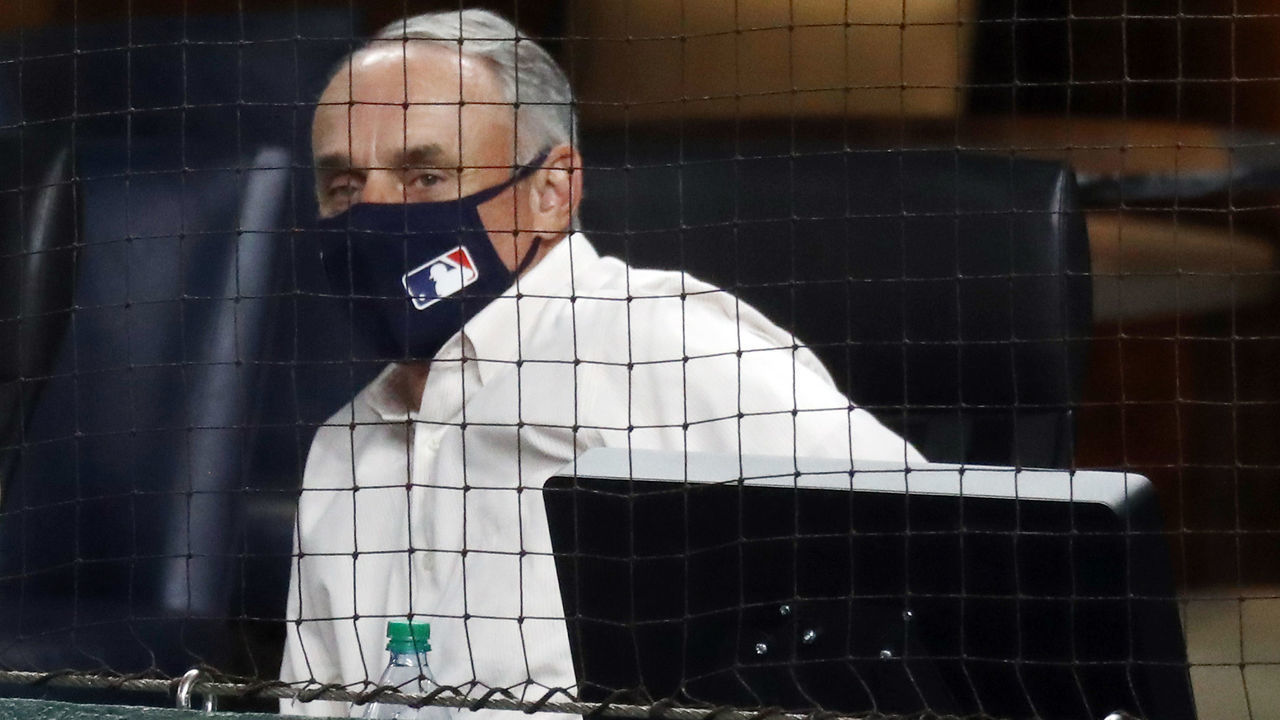 ARLINGTON, TEXAS - OCTOBER 07: Commissioner of Baseball Rob Manfred attends Game Two of the National League Division Series between the San Diego Padres and the Los Angeles Dodgers at Globe Life Field on October 07, 2020 in Arlington, Texas.