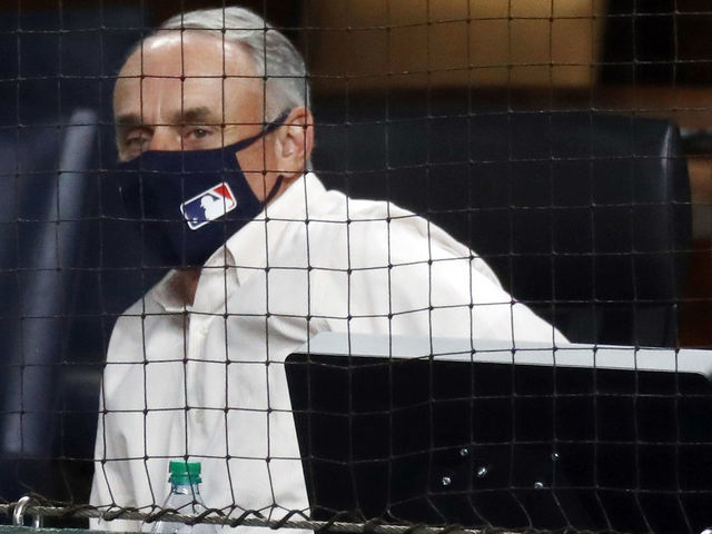 ARLINGTON, TEXAS - OCTOBER 07: Commissioner of Baseball Rob Manfred attends Game Two of the National League Division Series between the San Diego Padres and the Los Angeles Dodgers at Globe Life Field on October 07, 2020 in Arlington, Texas.