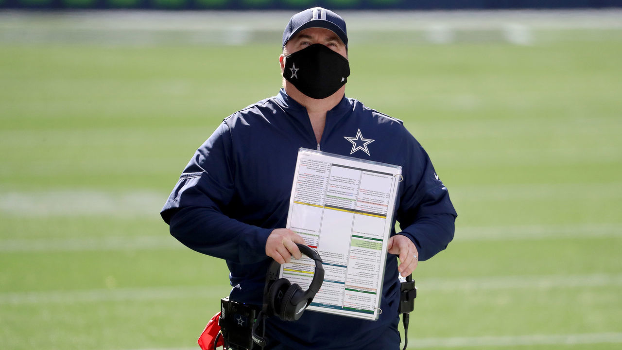 SEATTLE, WASHINGTON - SEPTEMBER 27: Head coach Mike McCarthy of the Dallas Cowboys looks on against the Seattle Seahawks during the first quarter in the game at CenturyLink Field on September 27, 2020 in Seattle, Washington.