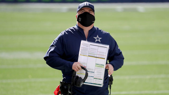 SEATTLE, WASHINGTON - SEPTEMBER 27: Head coach Mike McCarthy of the Dallas Cowboys looks on against the Seattle Seahawks during the first quarter in the game at CenturyLink Field on September 27, 2020 in Seattle, Washington.