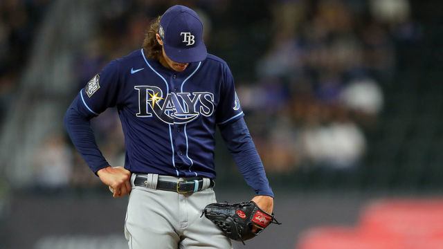 ARLINGTON, TX - OCTOBER 20: Tampa Bay Rays starting pitcher Tyler Glasnow #20 reacts after giving up a run in the fifth inning of Game 1 of the 2020 World Series between the Los Angeles Dodgers and the Tampa Bay Rays at Globe Life Field on Tuesday, October 20, 2020 in Arlington, Texas.