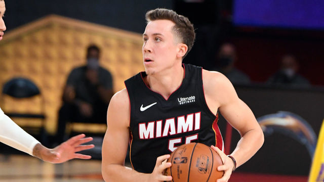 ORLANDO, FL - OCTOBER 6: Duncan Robinson #55 of the Miami Heat handles the ball during the game against the Los Angeles Lakers during Game Four of the NBA Finals on October 6, 2020 at The AdventHealth Arena at ESPN Wide World Of Sports Complex in Orlando, Florida. NOTE TO USER: User expressly acknowledges and agrees that, by downloading and/or using this Photograph, user is consenting to the terms and conditions of the Getty Images License Agreement. Mandatory Copyright Notice: Copyright 2020 NBAE