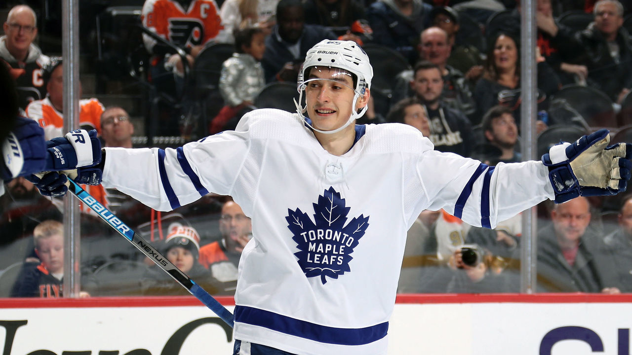 PHILADELPHIA, PA - DECEMBER 03: Ilya Mikheyev #65 of the Toronto Maple Leafs celebrates a third period goal against the Philadelphia Flyers on December 3, 2019 at the Wells Fargo Center in Philadelphia, Pennsylvania.