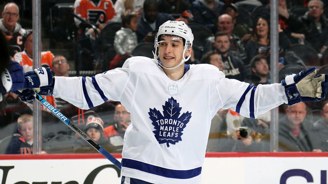 PHILADELPHIA, PA - DECEMBER 03: Ilya Mikheyev #65 of the Toronto Maple Leafs celebrates a third period goal against the Philadelphia Flyers on December 3, 2019 at the Wells Fargo Center in Philadelphia, Pennsylvania.