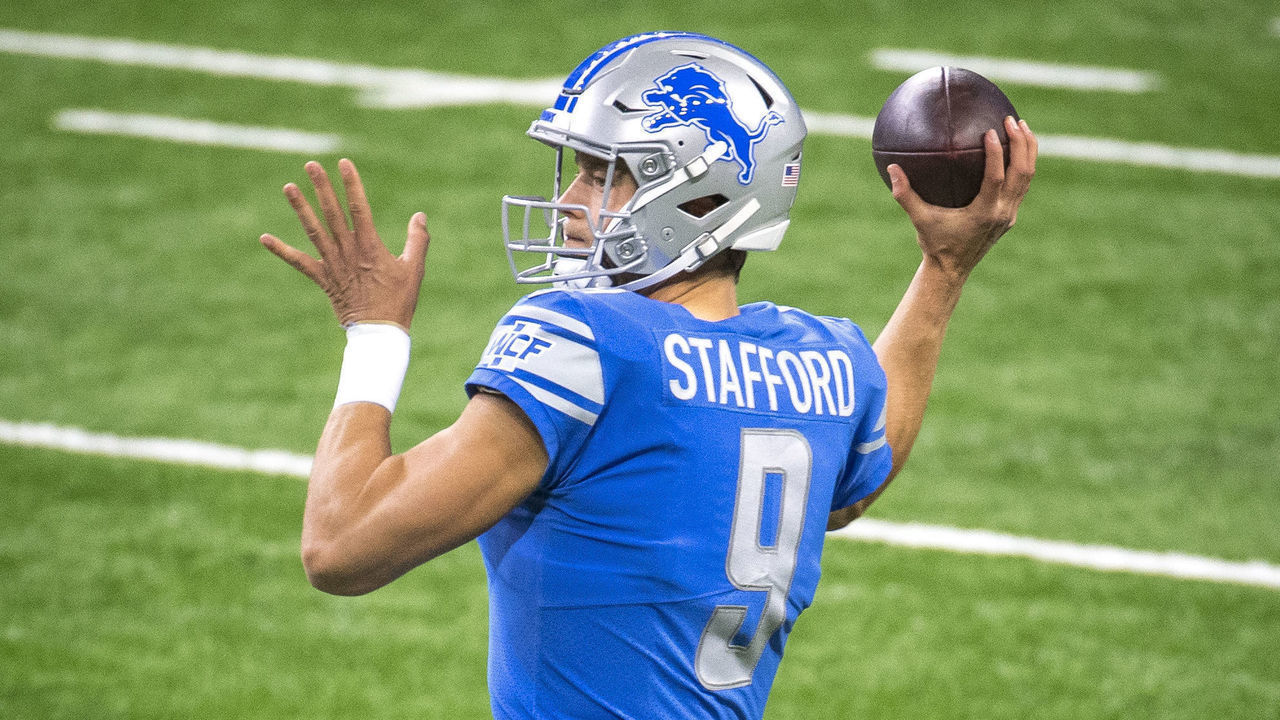 DETROIT, MI - OCTOBER 04: Matthew Stafford #9 of the Detroit Lions warms up before the first quarter against the New Orleans Saints at Ford Field on October 4, 2020 in Detroit, Michigan.