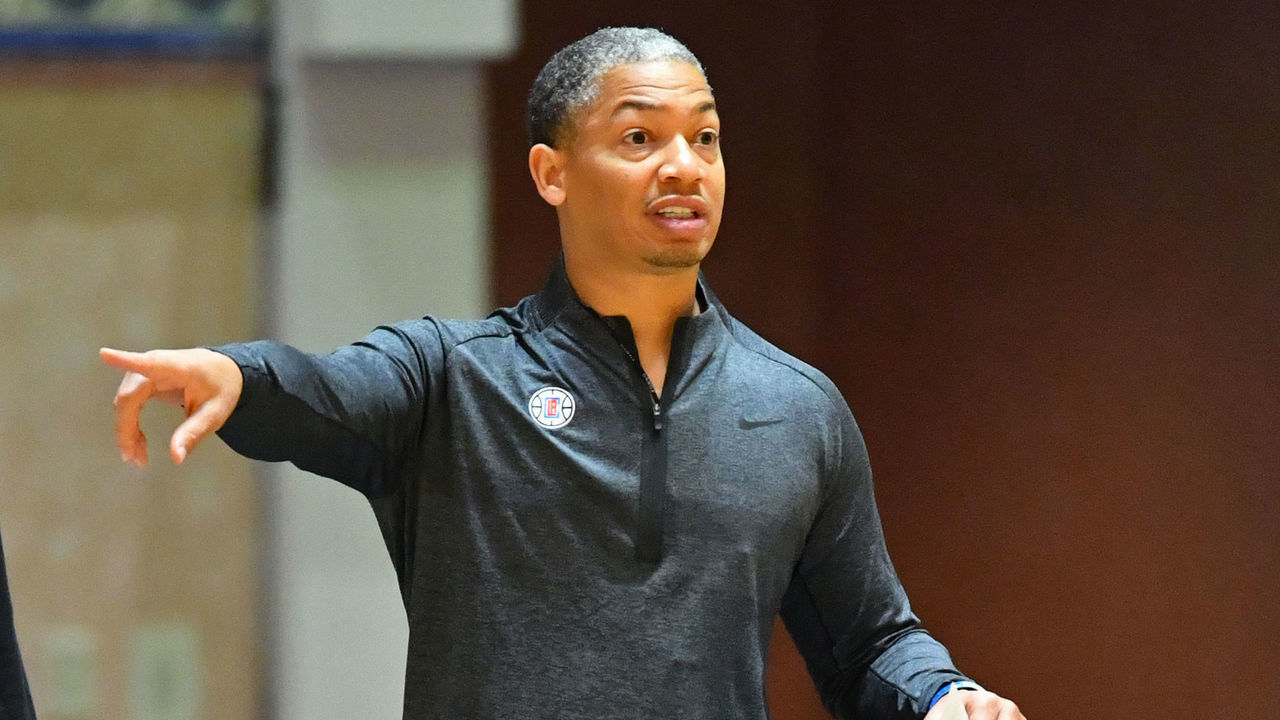 ORLANDO, FL - JULY 21: Tyronn Lue of the LA Clippers coaches during practice as part of the NBA Restart 2020 on July 21, 2020 in Orlando, Florida. NOTE TO USER: User expressly acknowledges and agrees that, by downloading and/or using this photograph, user is consenting to the terms and conditions of the Getty Images License Agreement. Mandatory Copyright Notice: Copyright 2020 NBAE